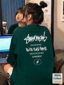 Letter Graphic Short Sleeve Mid-Length T-Shirt, Fashionable Casual Top For Women Summer - Dark Green - View 1
