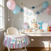1pc Mermaid 1st Birthday Party Decoration, Ocean Theme First Birthday Party Backdrop, Shell Mermaid Seaweed Pattern Girl's First Mermaid Party Banner, Underwater Birthday High Chair Banner, 1st Birthday Photo Prop Decor - View 8