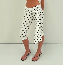 Women Polka Dot Skinny Capri Leggings Bow Tie Up Knee Length Capris Pants Sexy Stretchy Y2k Slim Fit Cropped Trousers - 白色 - 查看 2