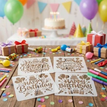 4件套生日主题绘画模具 - 适用于5.9英寸相框，DIY贺卡制作，更有意义的生日礼物，可重复使用的塑料绘画模具，包含“生日快乐”、“气球”、“礼物”和星星图案。书法字母模具。 - 套裝 - 查看 6