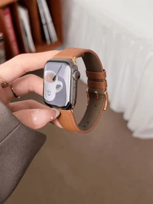 客製化軟皮革仿皮手錶錶帶，適用於 女款運動系列，尺寸 38mm、40mm、41mm、42mm、44mm、45mm、46mm、49mm，相容 Series 10/%/8/7/6/5/4/3/2/1 SE Ultra - 棕色金款 - 查看 3