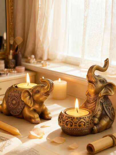 Juego de portavelas de resina con elefante dorado - Decoración de lujo para el hogar para la sala de estar, el tocador y la mesa del comedor | Símbolo de suerte para la prosperidad y la bendición | Escultura artesanal duradera para decoración de mesa, chimenea y entrada