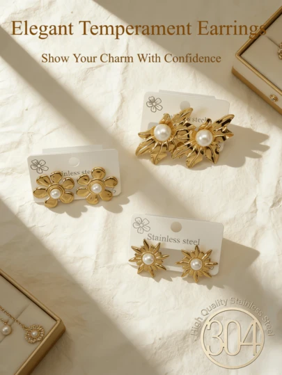 18K Gold Plated Pearl Flower-Shaped Earrings Set, Suitable For Women To Wear. Sun Disc Style / Floral Buckle Style Earrings, Suitable For Women To Wear. Floral Jewelry, Christmas Gift.