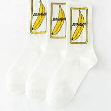 3双香蕉图案中筒袜，独特创意，舒适透气 - 白色 - 查看 6