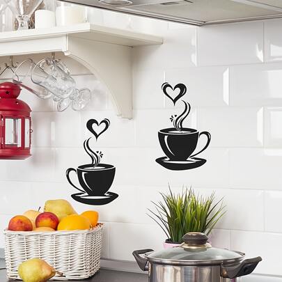 黑色墙贴“咖啡杯”&“心形” | 自粘汽车贴纸，可移除，适用于厨房、咖啡吧装饰，哑光表面