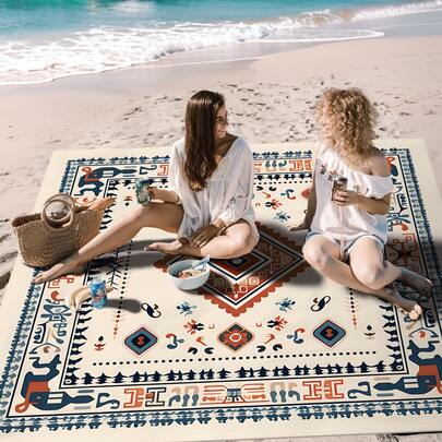 1pc Outdoor Camping Picnic Mat, Colorful Bohemian Pattern Printed Beach Mat, Made Of Polyester Material, Oversized Soft Beach Towel, Lightweight And Durable, Suitable For All Seasons, Digital Printed Pattern, Washable And Not Easy To Fade, Convenient For Storage And Carrying
