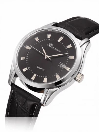 1PC Fashion Casual Silvery Case Black Leather Strap Quartz Watch With Date Display For Men, Minimalist Business Wristwatch, Gifts For Men Father's Day Gifts Birthday Gifts Valentine's Day Gifts