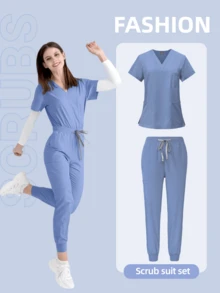 Women's V-Neck Scrub Set, Stretchy Nurse Uniform With Jogger Pants & Multi-Pockets, Short Sleeve, Breathable & Lightweight For Hospital, Spa, Beauty Salon - Dusty Blue - View 2