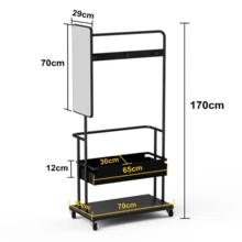 Sturdy Metal Clothes Rack With Wheels, 3-In-1 Model With Basket And Mirror, Hangers, Mobile Rack On Wheels, Spacious Wardrobe, Black, 70 X 40 X 170 Cm - 黑色 - 查看 9