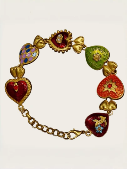 Women's Retro Colorful Beaded Bracelet, Sweet & Chic Vintage Heart Pendant Adjustable Necklace