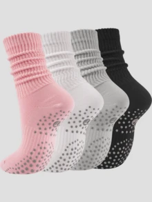 4 Pairs Pilates Slouch Crew Socks For Women Grip Yoga Socks Non Slip Grippers For Barre Ballet Dance Hospital Workout Black White Pink Gray - Mực in đen, trắng và xám 4PT - Xem 8