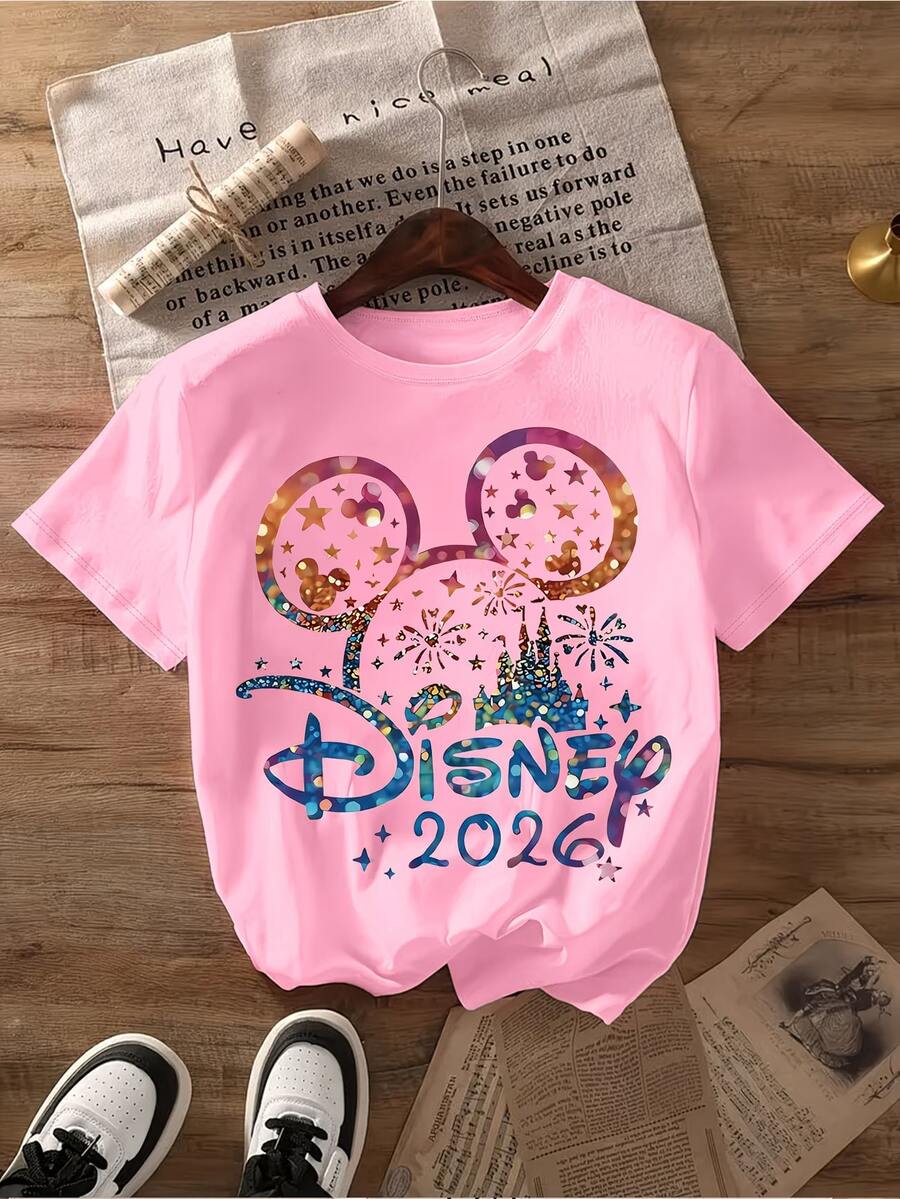 Estampado clásico y peculiar de Mickey Mouse con agujeros en la parte delantera y trasera, un diseño de dibujos animados divertido, camiseta de cuello redondo para mujer suave y agradable para la piel, una nueva camiseta de primavera/verano, recomendada para fanáticos de Disney, lavable a máquina. - Rosa - Ver 1