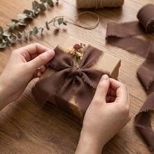 3 Rolls Handmade Chiffon Ribbon With Tassel Edges, 1.5 Inch Width, 5.5 Yards Length, Suitable For Wedding Invitations, Bridal Bouquets, Gift Wrapping, Crafts, Holiday Party Decorations, Bows - Coffee Brown - View 4