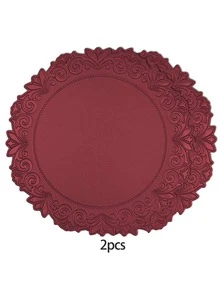2/4/6pcs 15 Inch Deep Burgundy Thickened Vintage Lace Faux Leather Placemats, 3.94 Inch Coasters, Western Restaurant Hotel Decor Washable Round Heat-Resistant Insulated Mats - Burgundy - View 7