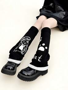 1双洛丽塔可爱猫咪黑色针织腿套，时尚街头风 - 彩色 - 查看 5