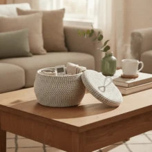 1个手工编织圆形带盖收纳篮，桌面整理篮，可收纳鸡蛋、零食、杂物、水果、化妆品等。 - 彩色 - 查看 2