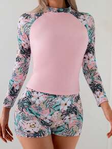 夏季海滩度假热带花卉印花泳衣，高弹力修身两件式长袖吊带泳衣套装 - 淺粉色 - 查看 4