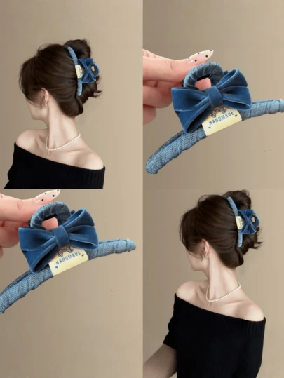 复古丝绒蝴蝶结发爪夹，多功能马尾辫发爪