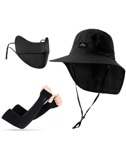 3pcs Set: Solid Color Graphic Letter Embroidered Bucket Hat, Arm Sleeves, And Ice Silk Face Mask, Polyester Fabric, Fashionable And Versatile For Outdoor Activities Like Hiking, Camping, Travel. Suitable As Christmas, Mother's Day, Father's Day, Teacher's Day, Birthday Gift For Family, Friends, Boyfriend/Girlfriend