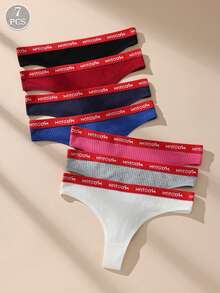 7pcs Contrast Color Ribbed Cotton Thong Panties, Elastic & Comfortable Women's Underwear - Multicolor - View 4