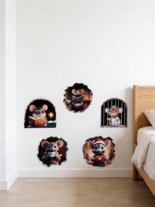 5pcs/Set 3D Hole Mouse Wall Stickers, Funny Design Easy To Apply, Suitable For Kids Room, Staircase, Wall, Bathroom, Bedroom, Living Room, Home Decor - Decorative Wall Stickers - View 4