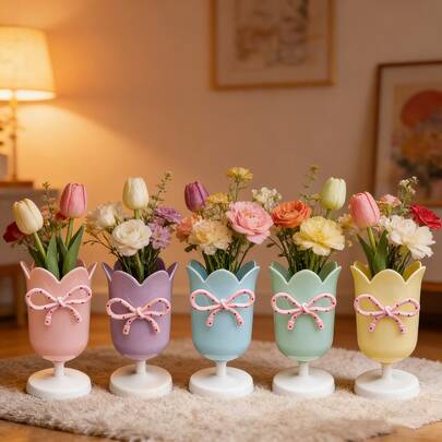 1 Set Cute Tulip Shaped Bow Vase For Floral Arrangement, Plastic Tulip Pen Holder, Makeup Brush Holder, Desk Organizer, Suitable For Home, Bathroom, Kitchen, Office, Pink + Yellow + Green + Purple + Blue. Tulip Pen Cup, Flower Bouquet Vase, Floral Gift Box