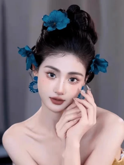 2 piezas Clips de pelo con flores azul marino vintage, accesorios de pelo con flor trenzada de nicho, nueva decoración de pelo para primavera/verano