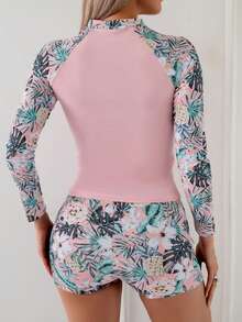 夏季海滩度假热带花卉印花泳衣，高弹力修身两件式长袖吊带泳衣套装 - 淺粉色 - 查看 3