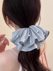1个彩虹色缎面褶皱仿珍珠发圈，高端时尚超大号发饰，春夏新款马尾辫发圈，适合假日、旅行、节日、派对等场合。 - 彩色 - 查看 7