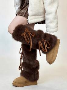 1 Pair Y2K Bowknot Fuzzy Leg Warmers In Coffee/Khaki/White (May Have Slight Shedding) - Multicolor - View 9