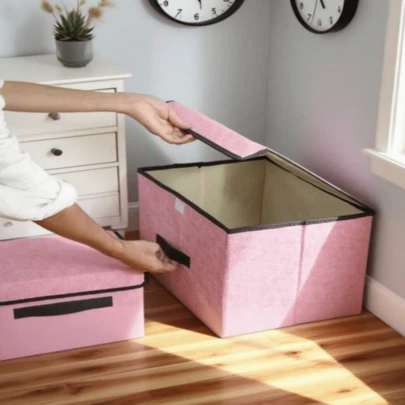 1pc Pink Fabric Foldable Storage Box, Portable Organizer Box For Clothes, Underwear, Socks, Dust-Proof And Moisture-Proof Wardrobe Storage, Closet Organizer, Fabric Collapsible Storage Container For Dorm, Home, Toys, Books, Snacks