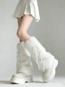 1 Pair Y2K Bowknot Fuzzy Leg Warmers In Coffee/Khaki/White (May Have Slight Shedding) - Multicolor - View 4