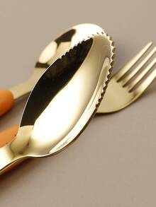 Set Garpu & Sendok Stainless Steel Berbentuk Wortel Kreatif dengan Teks Kustom, Peralatan Makan Bayi, Alat Makan Latihan untuk Balita dengan Kotak Penyimpanan Portabel Berbentuk Wortel yang Menggemaskan - Jeruk - View 6