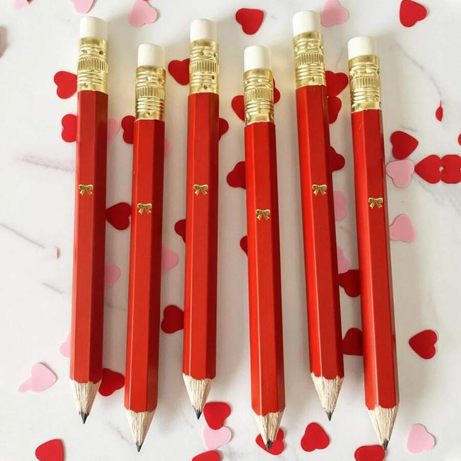 25 Pcs Red And Gold Foil Bow Mini Pencils, Bridal Shower Game Pencils- Golf Pencils, Wedding Pencils, Shower Favor, Gifts - Bow Mini Pencils - View 1
