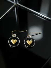 一对复古简约可爱圆形黑色珐琅心形吊坠耳环，百搭饰品，适合女性日常休闲佩戴 - 銀色 - 查看 6