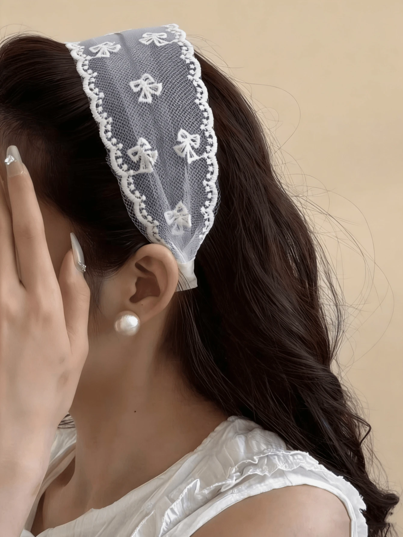 1pc White Lace Bow Wide-Banded Non-Slip Headband, High Crown Facial Washing Hair Accessory - White - View 1