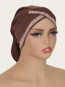1pc Women's Crystal Linen Knit Elastic Fabric Diamond Crafted Malaysian Hijab Fashion Scarf Headwrap - Crystal Rhinestone Hat In Multiple Colors - View 14