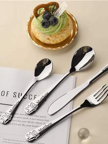 4pcs Customized Text/Logo Children's Tableware Set, Includes Knife, Soup Spoon, Fork, Coffee Spoon, Featuring Cute Bear Logo, Personalized Laser Engraved Text, Stainless Steel Cutlery Set, Customized Birthday/Children's/Student Gift - Silver - View 5