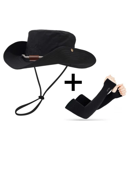 2pcs Set: Solid Color Graphic Letter Embroidered Bucket Hat & Ice Sleeves, Polyester Sun Protection Hats Suitable For Outdoor, Hiking, Camping, Travel, Great Gift For Family, Friends, Boyfriend/Girlfriend, Christmas, Mother's Day, Father's Day, Teacher's Day, Birthday