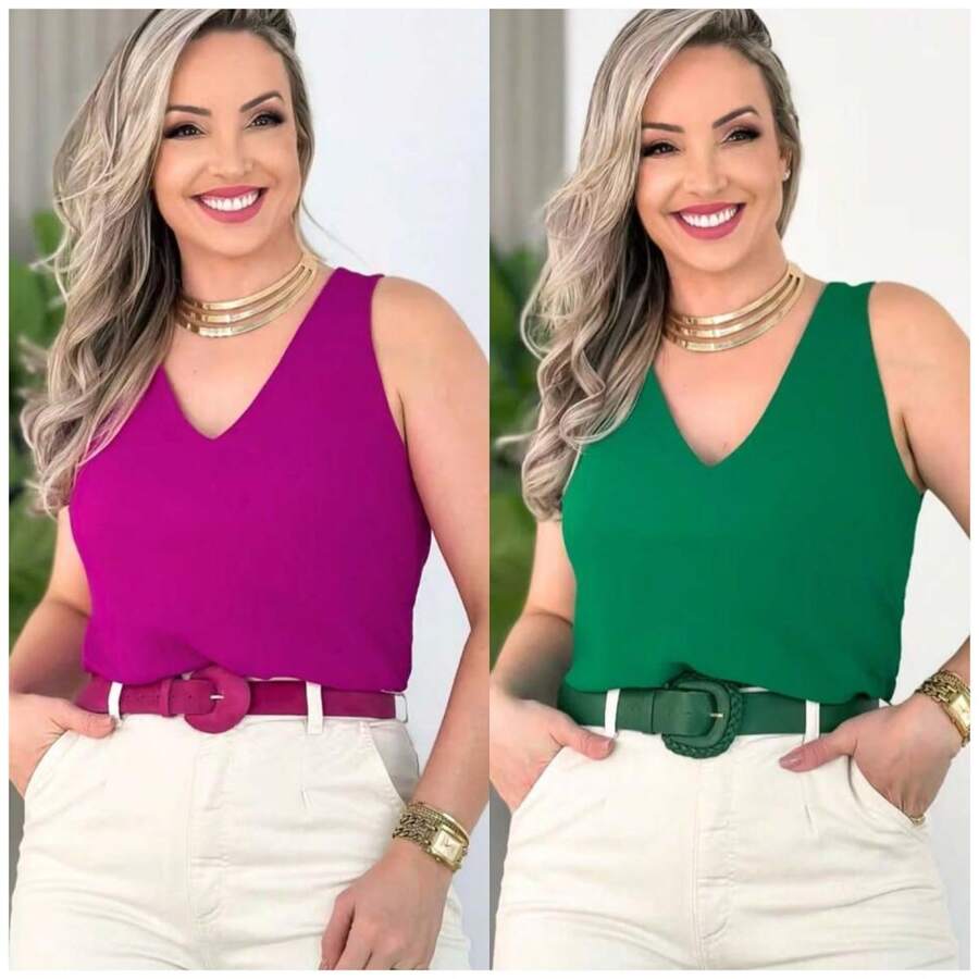 KIT Com 2 Blusa Feminina Social Regata Alça Larga Tecido Duna Regata Isabella Lisa Básica Elegante Frente Únic - Roxo+Verde - Visão 1