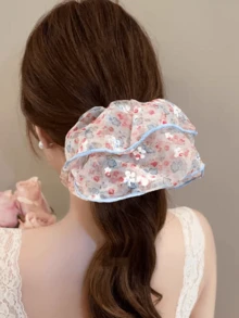 Pastoral Floral Tulle Scrunchie For Women, Light Blue Trim Hair Tie, Gentle Hair Accessory - Multicolor - View 2