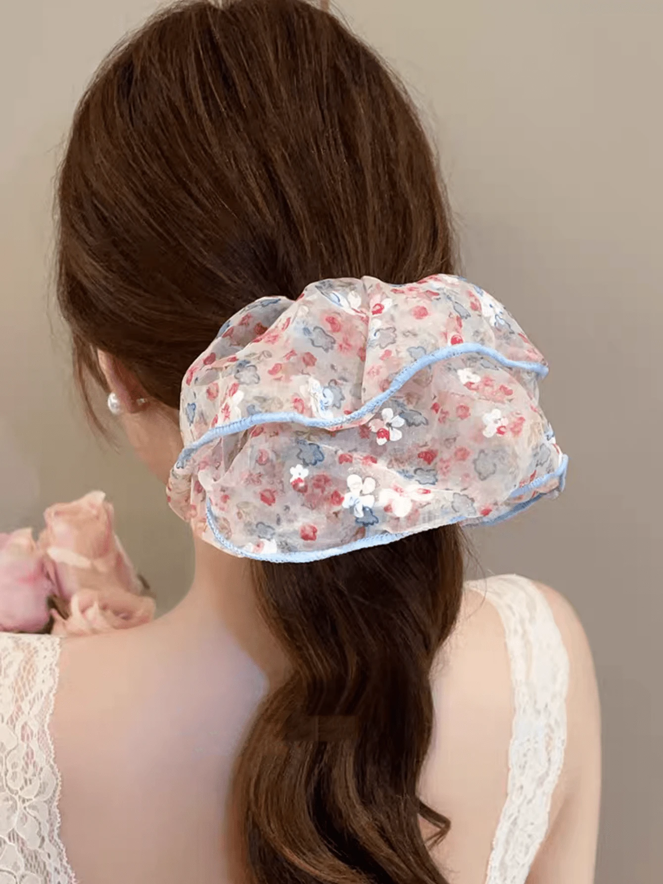 Pastoral Floral Tulle Scrunchie For Women, Light Blue Trim Hair Tie, Gentle Hair Accessory