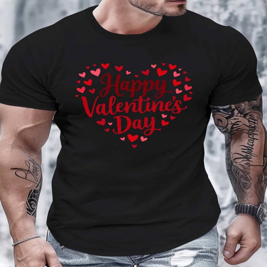 Camiseta de San Valentín para hombre | Corazón rojo y texto de Feliz San Valentín - Camiseta casual suave para uso diario, ideal para regalos de San Valentín, cumpleaños, ropa de vacaciones, patrón geométrico, material transpirable, top de manga corta. - Multicolor - Ver 1