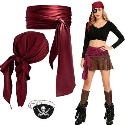 1/3pcs Halloween Pirate Headband Waistband Felt Skull Eye Patch, Funny Roleplay Medieval Renaissance Pirate Costume Accessories, Masquerade Christmas Party Magic Show Outfit Props Set