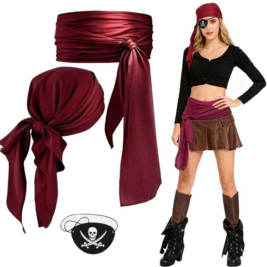 1/3 chiếc băng đô cướp biển Halloween, dây đeo eo bằng nỉ hình đầu lâu và miếng che mắt, phụ kiện trang phục cướp biển thời Trung cổ Phục hưng vui nhộn, đạo cụ trang phục hóa trang, tiệc Giáng sinh, biểu diễn ảo thuật. - Nhiều màu - Xem 1