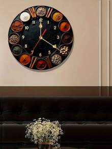 1 Quiet 10/12-Inch Round Wooden Clock With Various Spices And Seasonings | Quartz Movement, Multicolor With Golden Accents, Battery-Powered (AA Battery Not Included), Ideal For Bedroom, Kitchen, Study, Garage, Christmas Decor, Living Room - A - View 4