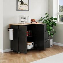 Length 135 Cm * Width 44 (70) Cm * Height 90 Cm, Large Mobile Kitchen Table, Oak Countertop, Folding Design, Multifunctional Cabinet, 3 Drawers, Towel Rack, Ideal For Kitchen, Dining Room, Home. - Black - View 8
