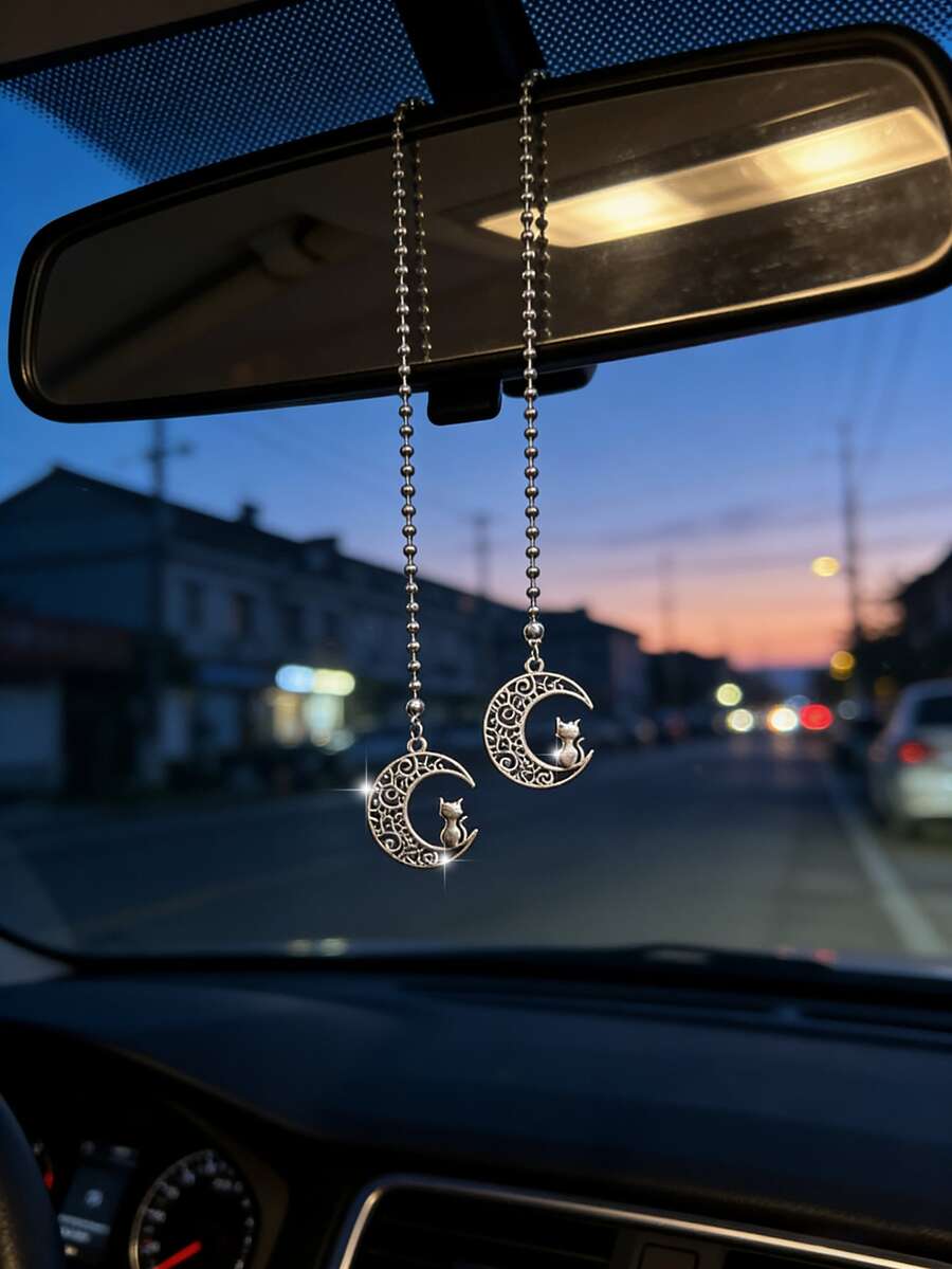 Vintage Hollow Floral Moon Cat Car Pendant, Rearview Mirror Decor, Unisex Car Accessories - A - View 1