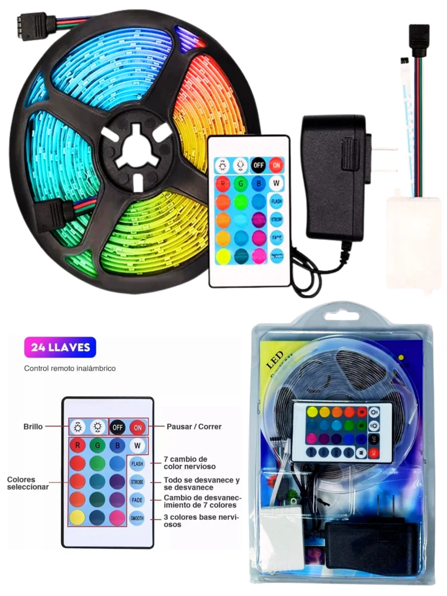 Tira Led Neon Flexible Rgb 5 Metros Manguera Luz,Tira Luz Led Colores De 5m Rgb Con Control 24 Botones,Tira Luz Led 5050 Rgb Con Control Y Fuente Rgb, Tira Led 5 metros