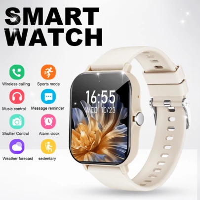 全触控智能手表：支持无线通话、计步器、音乐控制、游戏和健身功能，兼容安卓/iOS手机，男女皆宜。配备180mAh电池，是新年、情人节、复活节、母亲节、父亲节、万圣节、感恩节和圣诞节的理想礼物之选。